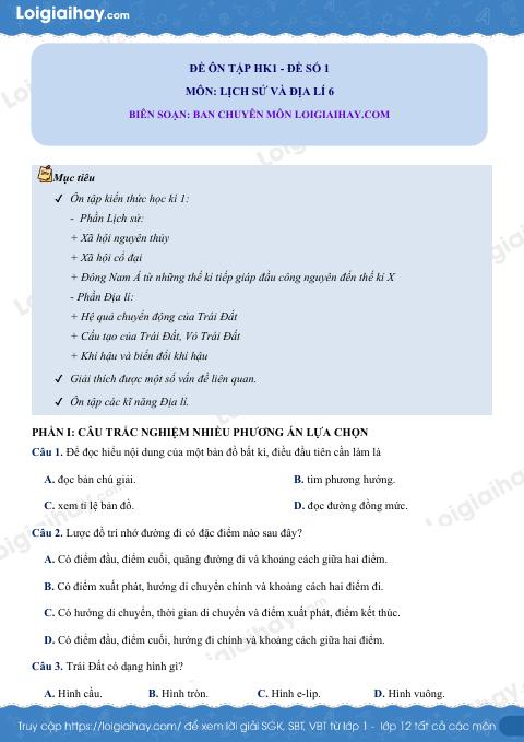 Đề kiểm tra học kì 1 Lịch sử và Địa lí 6 - Đề số 1